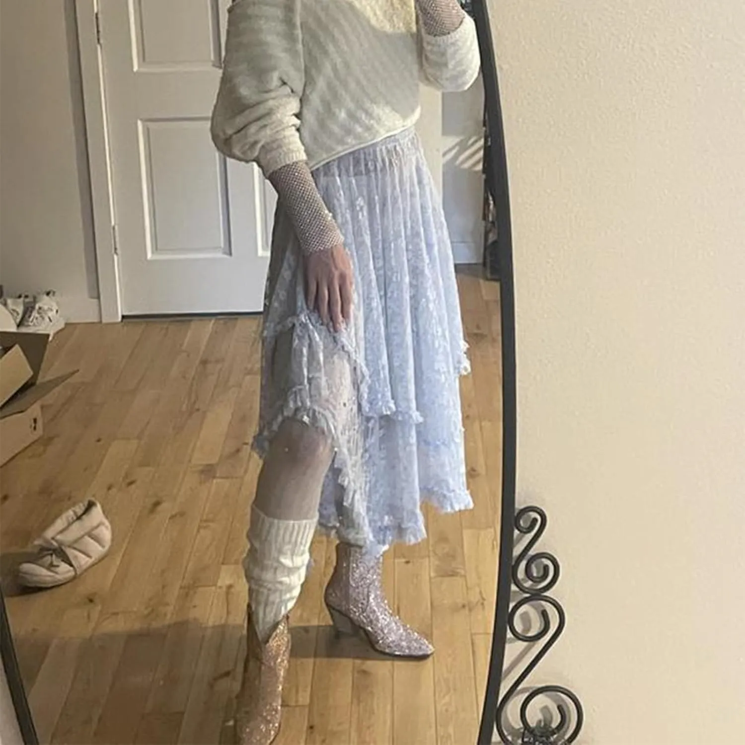 FOMOYUU Floral Lace Long Skirt for Women Y2K Elastic Waist Asymmetrical Layered Maxi Skirt Sexy See Through Flowy Beach Skirt