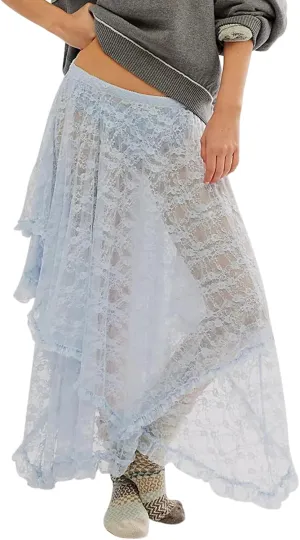 FOMOYUU Floral Lace Long Skirt for Women Y2K Elastic Waist Asymmetrical Layered Maxi Skirt Sexy See Through Flowy Beach Skirt
