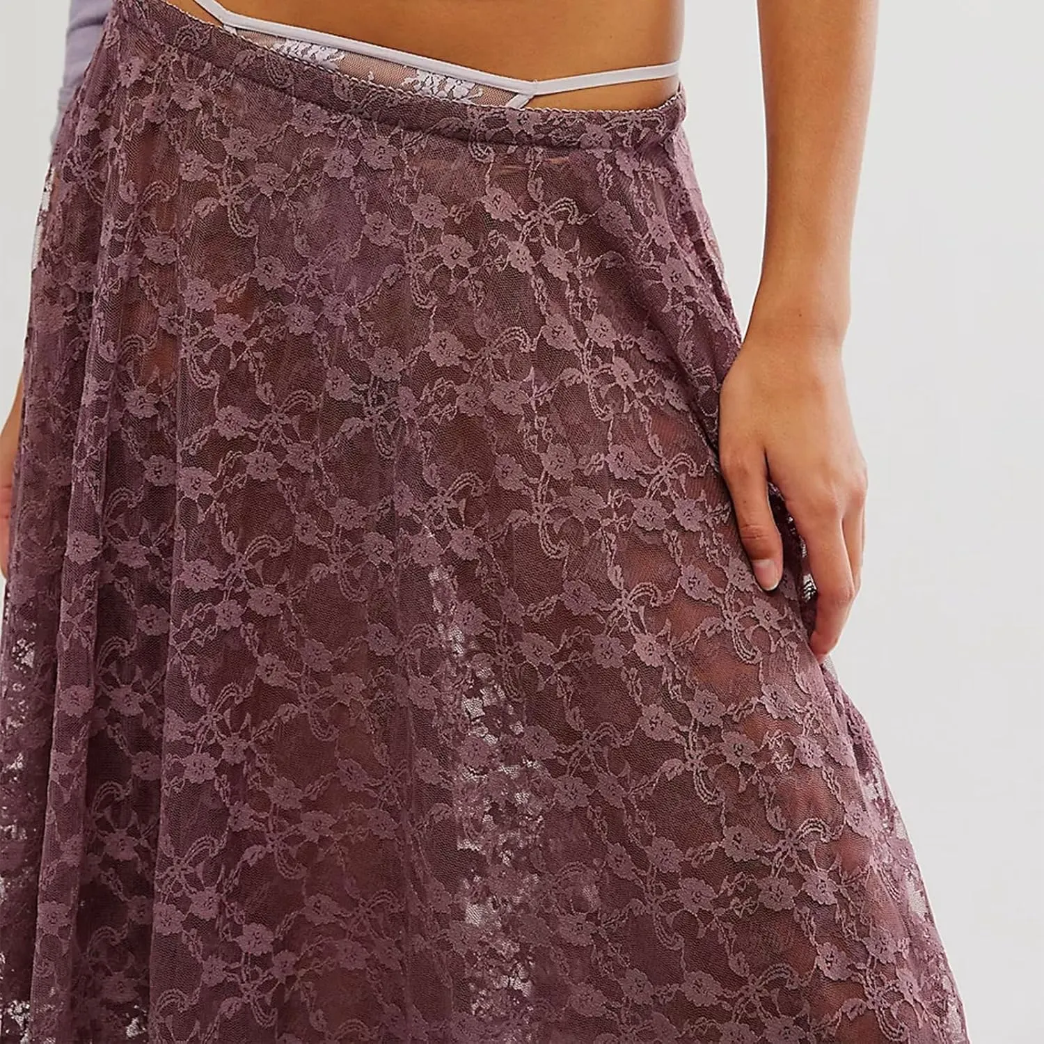 FOMOYUU Floral Lace Long Skirt for Women Y2K Elastic Waist Asymmetrical Layered Maxi Skirt Sexy See Through Flowy Beach Skirt