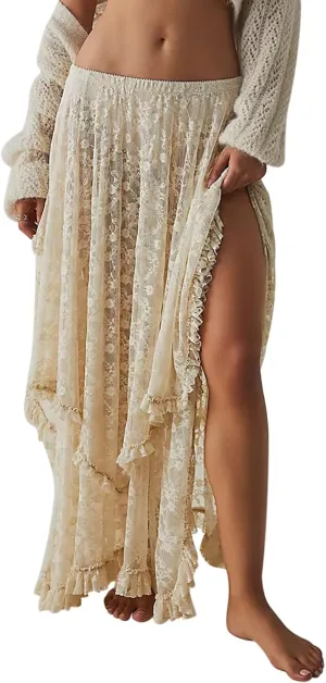 FOMOYUU Floral Lace Long Skirt for Women Y2K Elastic Waist Asymmetrical Layered Maxi Skirt Sexy See Through Flowy Beach Skirt