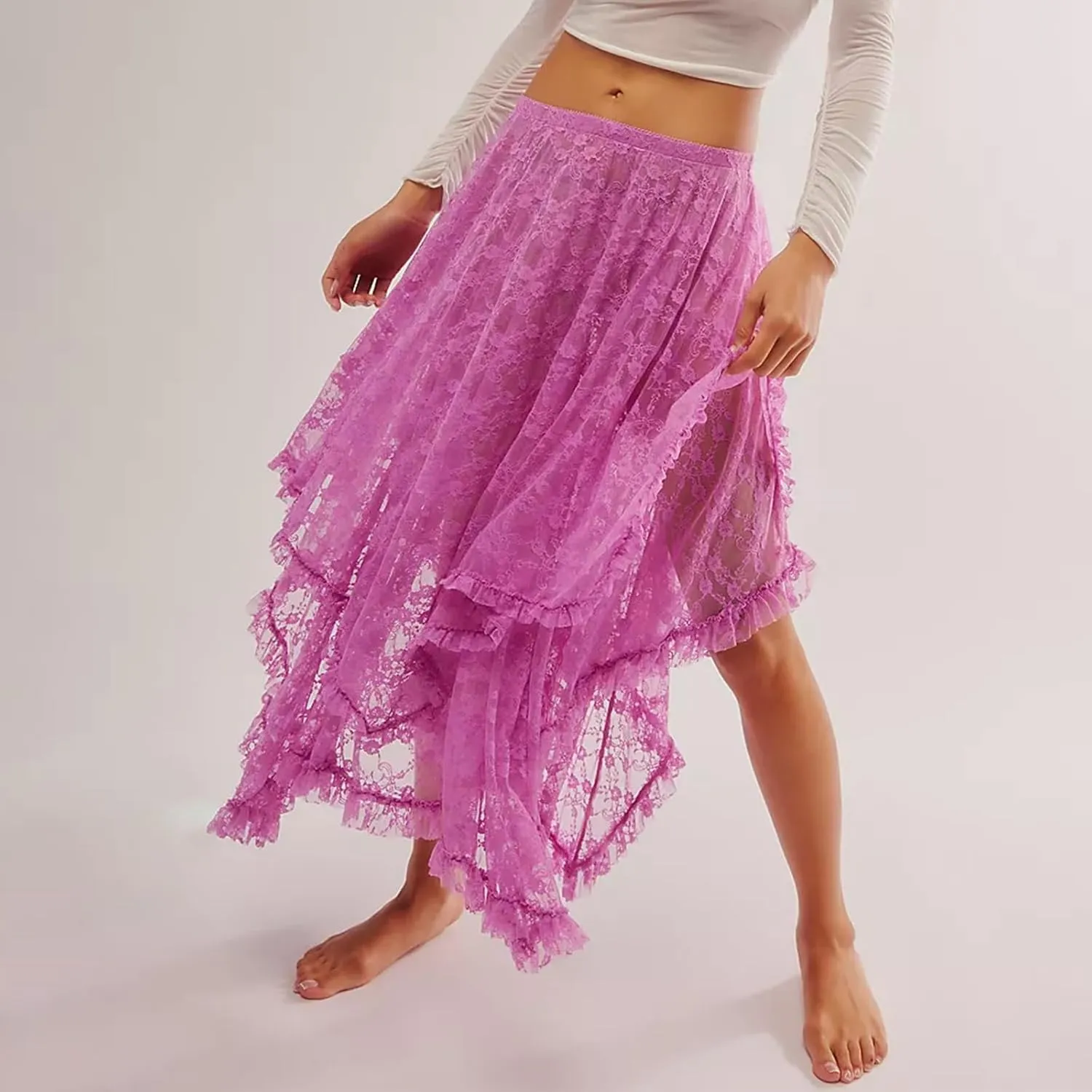 FOMOYUU Floral Lace Long Skirt for Women Y2K Elastic Waist Asymmetrical Layered Maxi Skirt Sexy See Through Flowy Beach Skirt