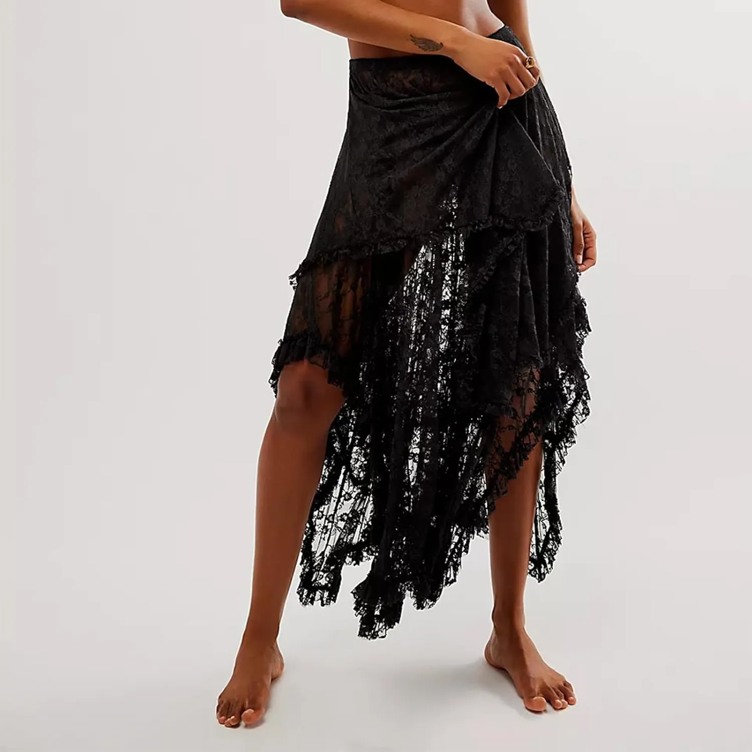 FOMOYUU Floral Lace Long Skirt for Women Y2K Elastic Waist Asymmetrical Layered Maxi Skirt Sexy See Through Flowy Beach Skirt
