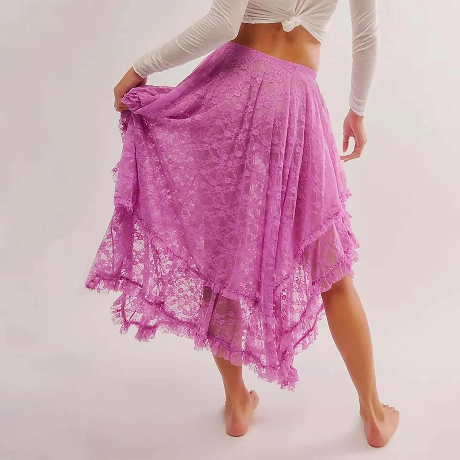 FOMOYUU Floral Lace Long Skirt for Women Y2K Elastic Waist Asymmetrical Layered Maxi Skirt Sexy See Through Flowy Beach Skirt