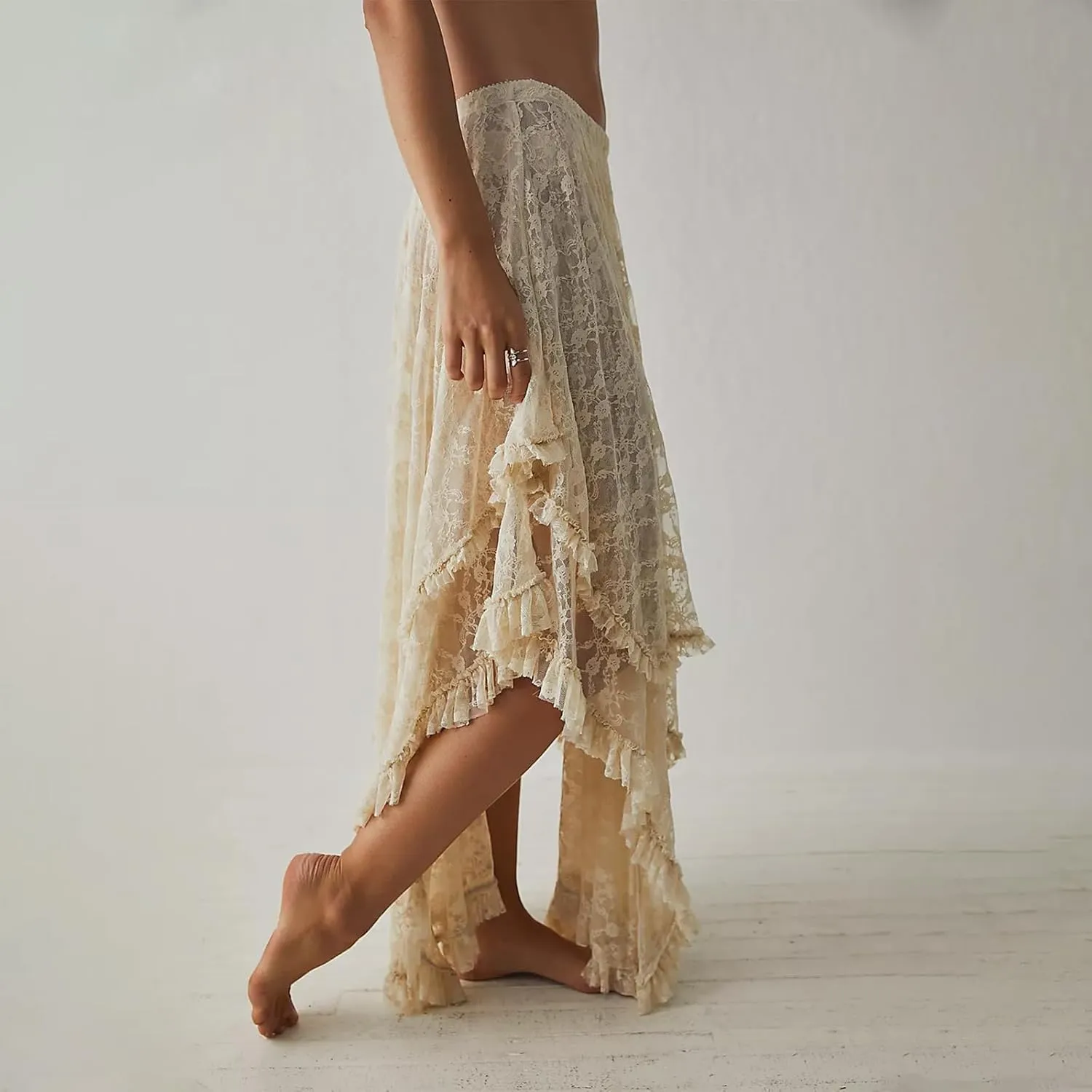 FOMOYUU Floral Lace Long Skirt for Women Y2K Elastic Waist Asymmetrical Layered Maxi Skirt Sexy See Through Flowy Beach Skirt