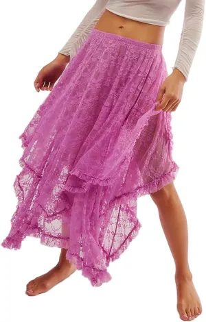 FOMOYUU Floral Lace Long Skirt for Women Y2K Elastic Waist Asymmetrical Layered Maxi Skirt Sexy See Through Flowy Beach Skirt