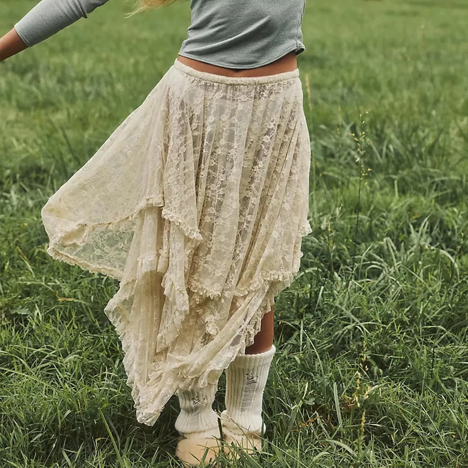 FOMOYUU Floral Lace Long Skirt for Women Y2K Elastic Waist Asymmetrical Layered Maxi Skirt Sexy See Through Flowy Beach Skirt