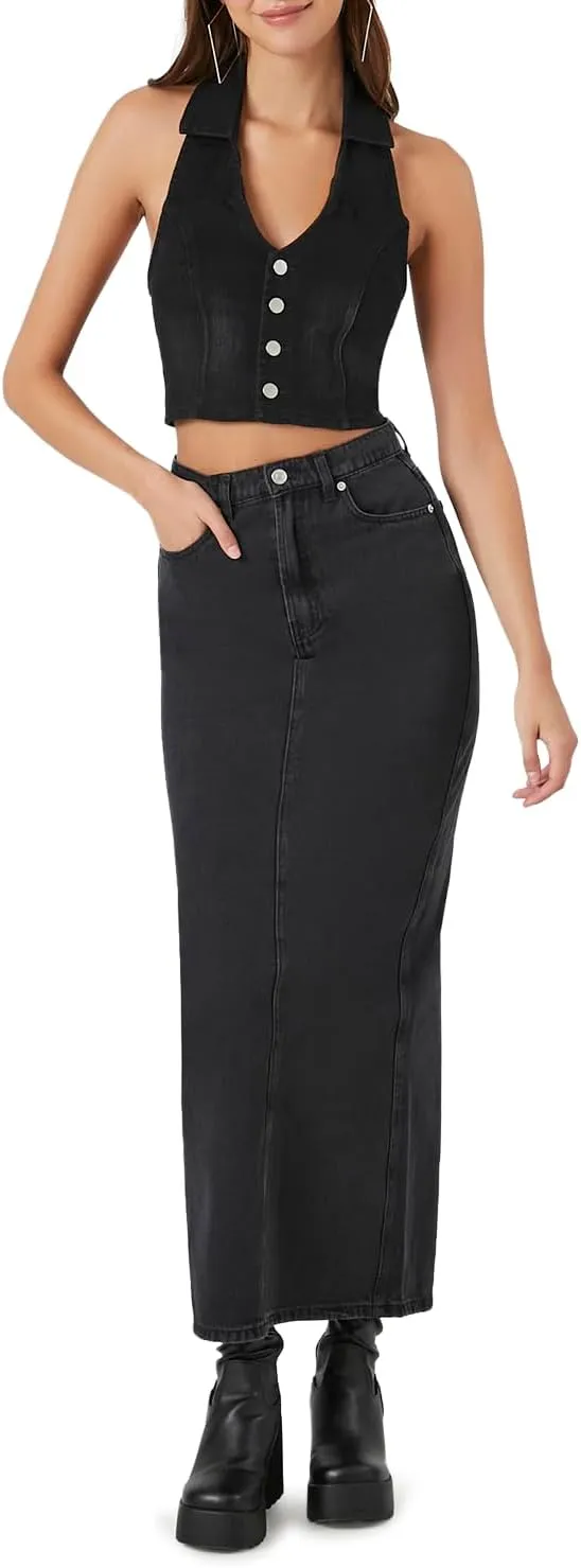 Forever 21 Women's Denim Midi Slit Skirt