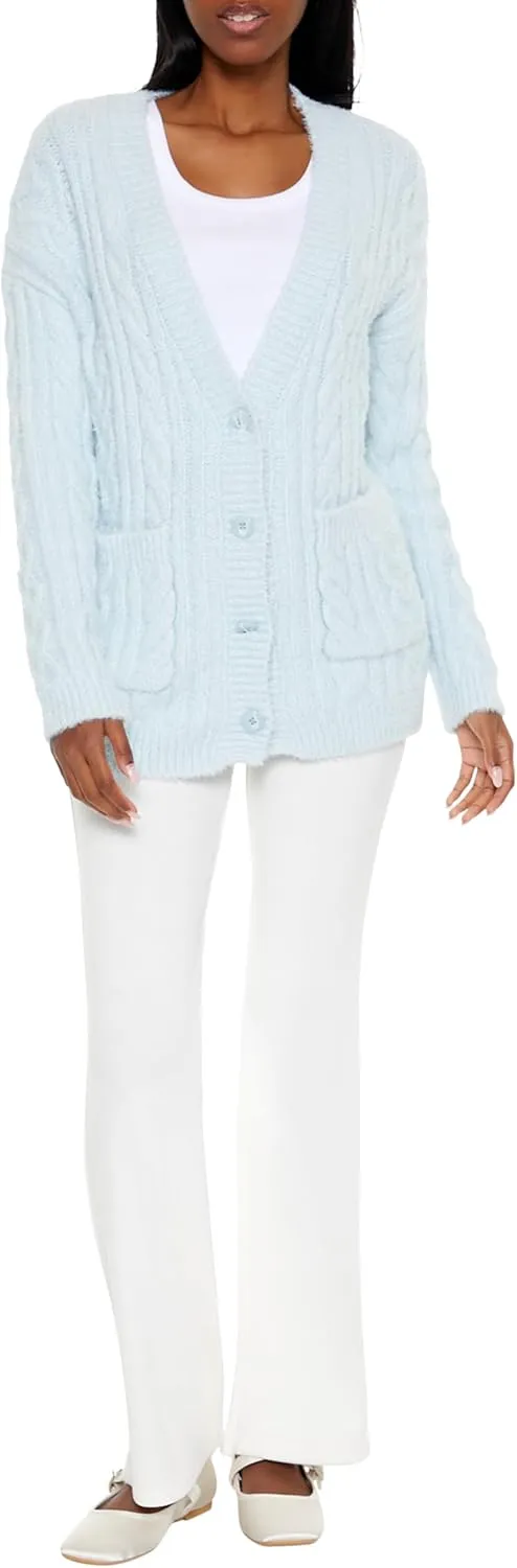 Forever 21 Women's Fuzzy Cable Knit Cardigan Sweater