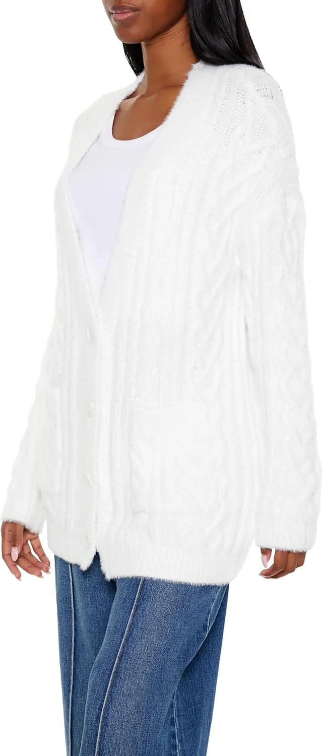 Forever 21 Women's Fuzzy Cable Knit Cardigan Sweater