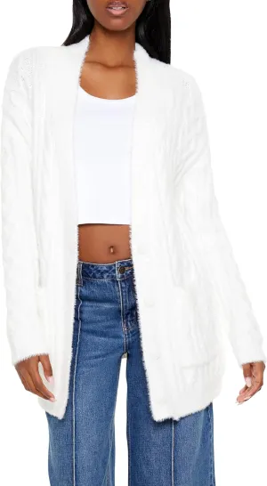 Forever 21 Women's Fuzzy Cable Knit Cardigan Sweater