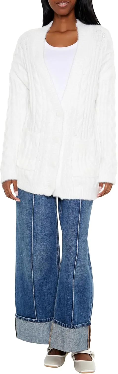 Forever 21 Women's Fuzzy Cable Knit Cardigan Sweater