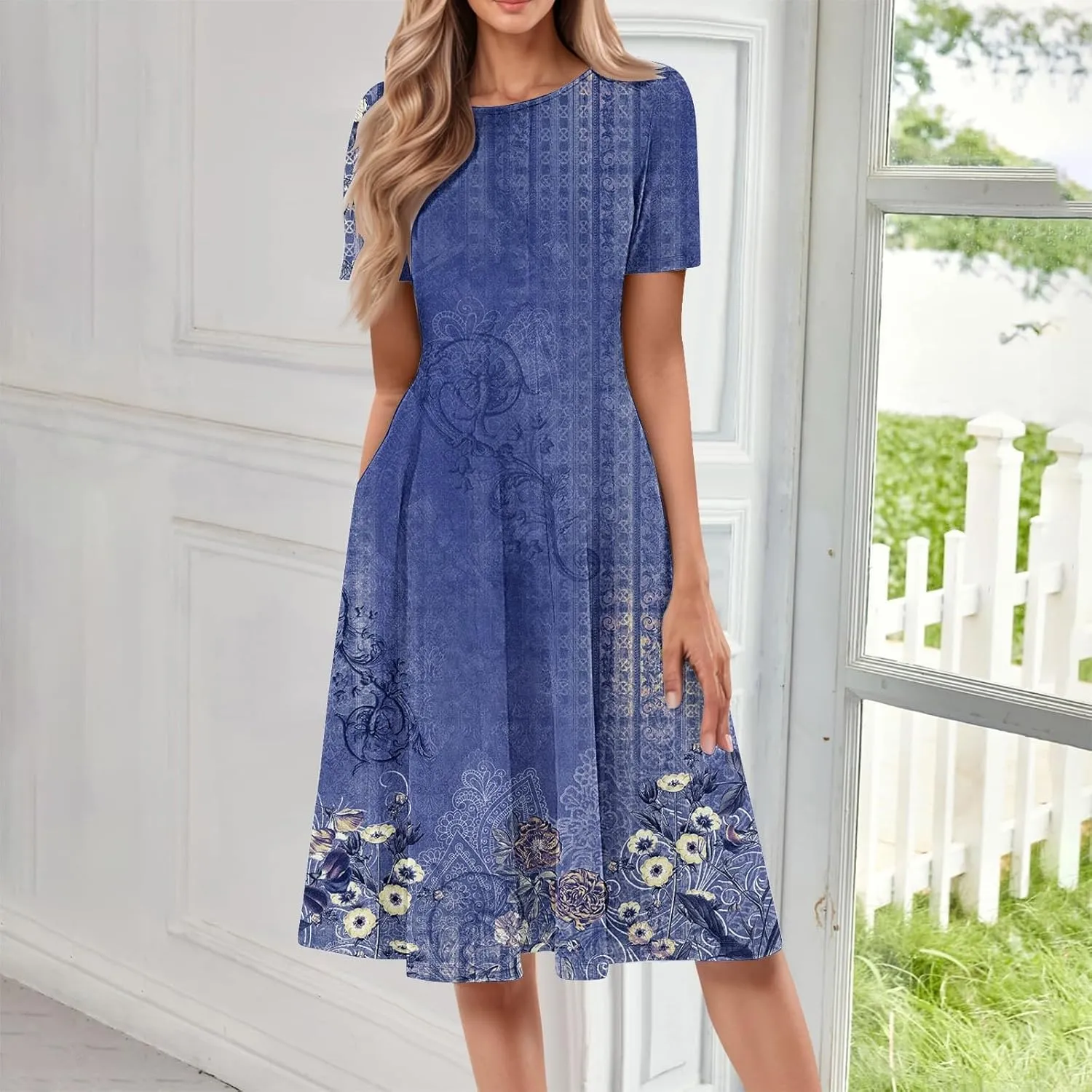 Formal Dress Floral Women 2025 Midi Short Sleeve Round Neck Dresses Elegant Square Neck Strapped Swing A Line