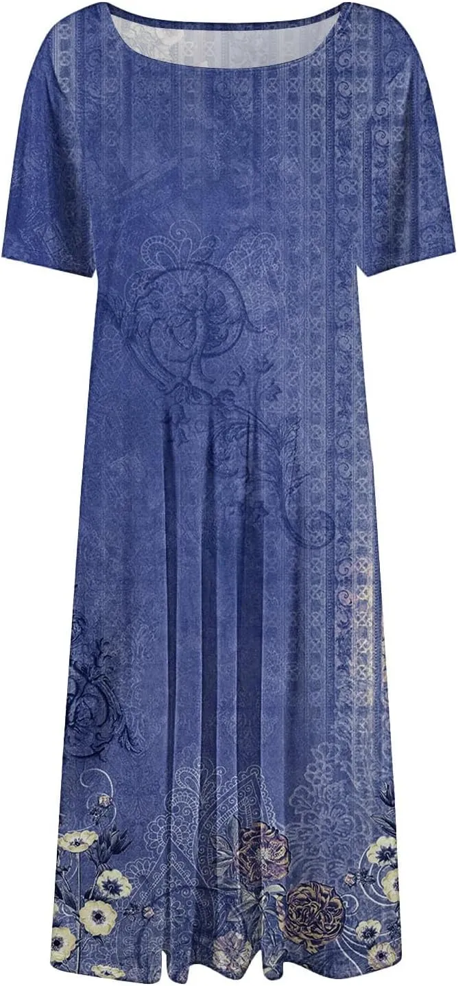 Formal Dress Floral Women 2025 Midi Short Sleeve Round Neck Dresses Elegant Square Neck Strapped Swing A Line