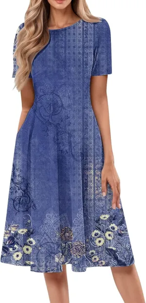 Formal Dress Floral Women 2025 Midi Short Sleeve Round Neck Dresses Elegant Square Neck Strapped Swing A Line