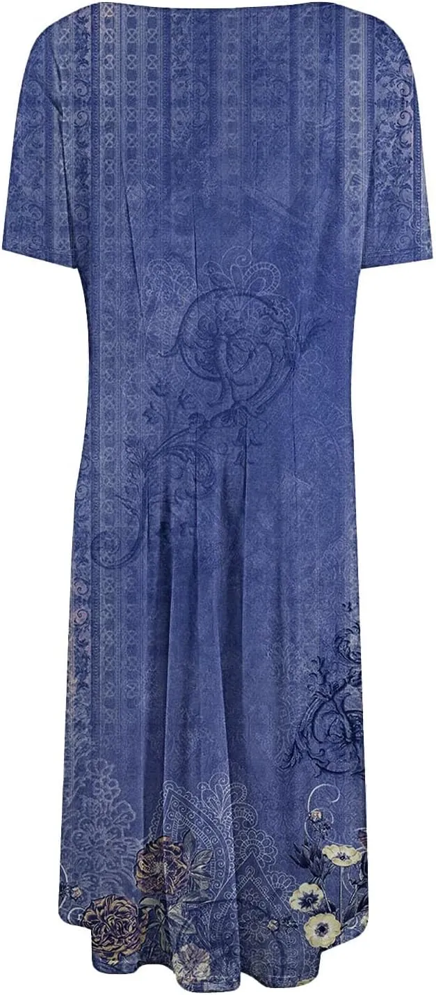 Formal Dress Floral Women 2025 Midi Short Sleeve Round Neck Dresses Elegant Square Neck Strapped Swing A Line