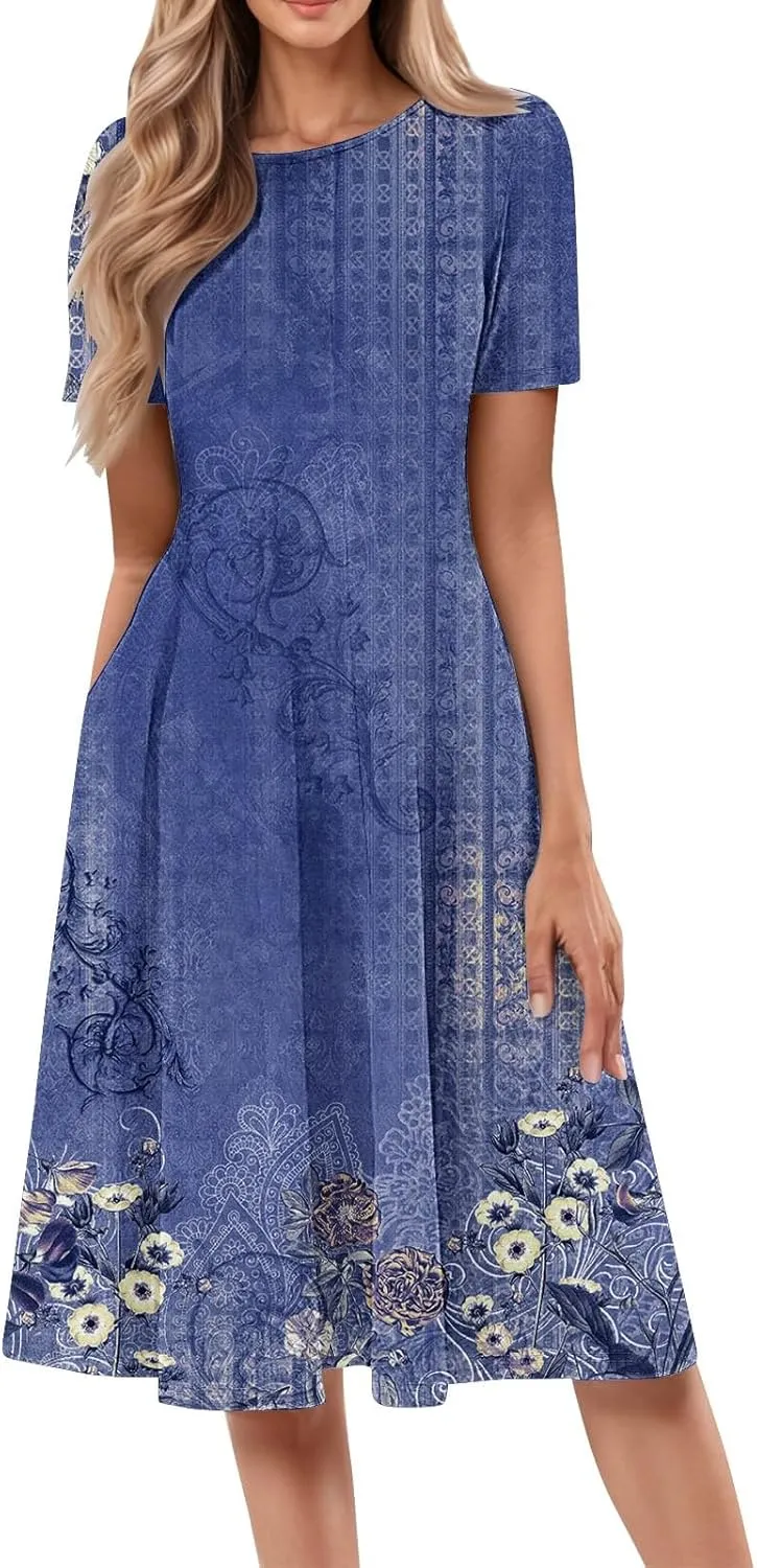 Formal Dress Floral Women 2025 Midi Short Sleeve Round Neck Dresses Elegant Square Neck Strapped Swing A Line