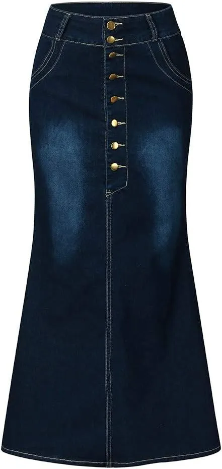 Front Skirts Washed Jean Casual Skirt Denim Long A-Line Women's Button Skirt Womens Skirt Chiffon