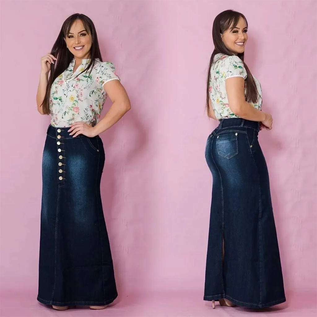 Front Skirts Washed Jean Casual Skirt Denim Long A-Line Women's Button Skirt Womens Skirt Chiffon