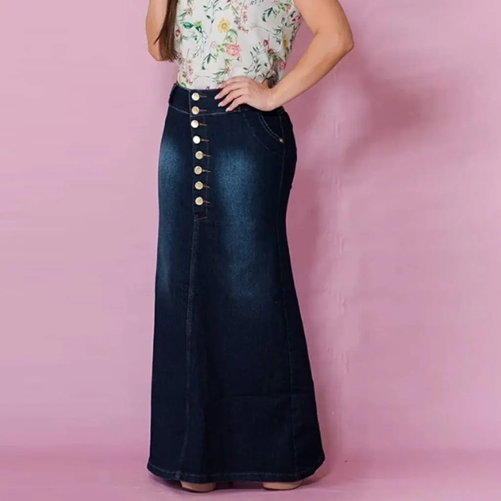 Front Skirts Washed Jean Casual Skirt Denim Long A-Line Women's Button Skirt Womens Skirt Chiffon