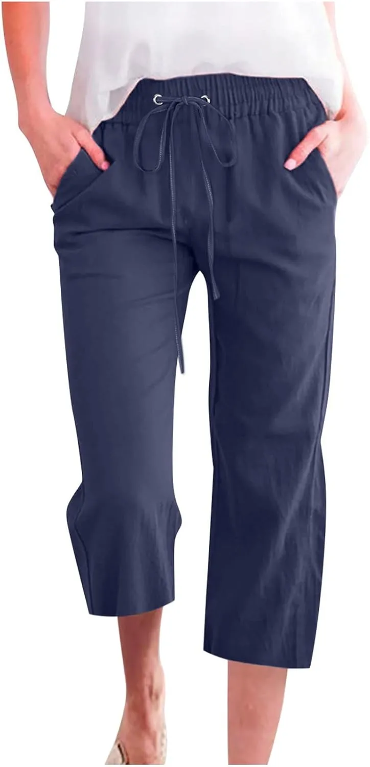 FZVYD Capri Pants for Women Casual 2024 Summer Drawstring Elastic High Waist Linen Pant Straight Wide Leg Cropped Trouser
