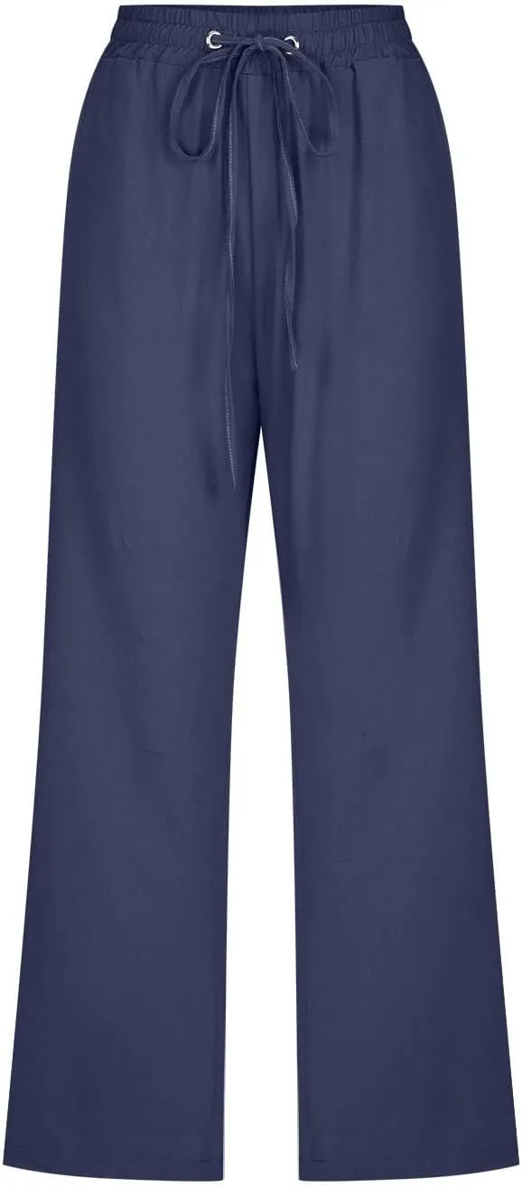 FZVYD Capri Pants for Women Casual 2024 Summer Drawstring Elastic High Waist Linen Pant Straight Wide Leg Cropped Trouser
