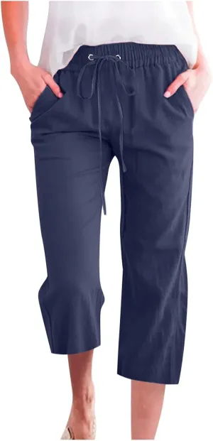FZVYD Capri Pants for Women Casual 2024 Summer Drawstring Elastic High Waist Linen Pant Straight Wide Leg Cropped Trouser