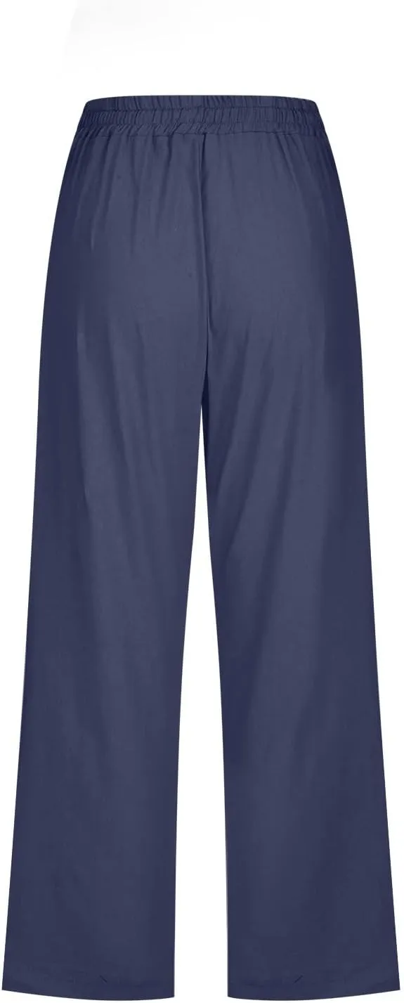 FZVYD Capri Pants for Women Casual 2024 Summer Drawstring Elastic High Waist Linen Pant Straight Wide Leg Cropped Trouser