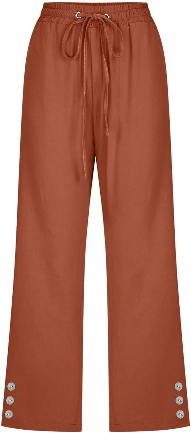 FZVYD Capri Pants for Women Casual 2024 Summer Drawstring Elastic High Waist Linen Pant Straight Wide Leg Cropped Trouser