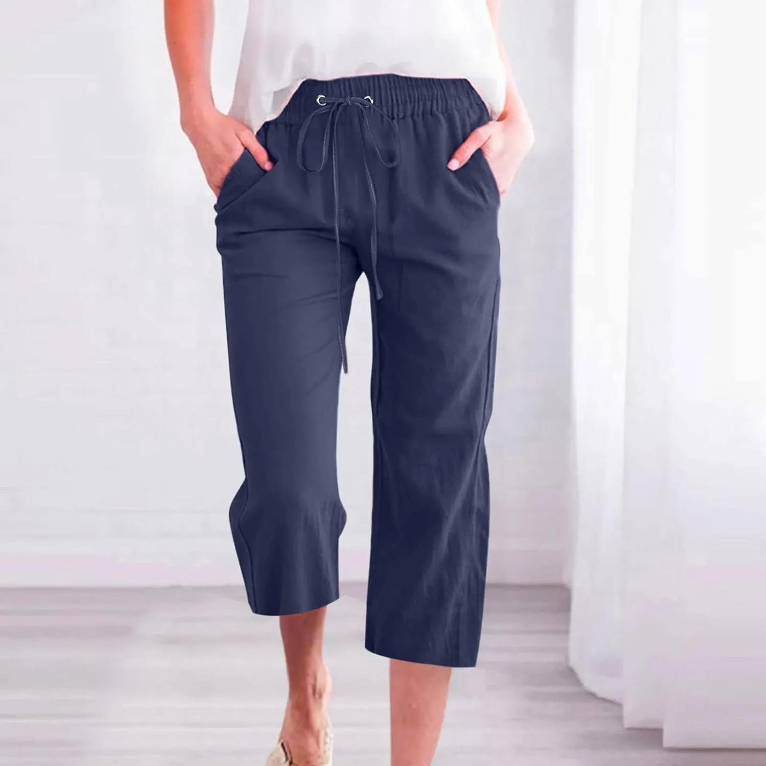 FZVYD Capri Pants for Women Casual 2024 Summer Drawstring Elastic High Waist Linen Pant Straight Wide Leg Cropped Trouser