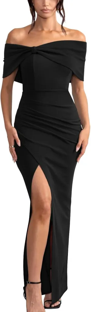 GOBLES Women's Elegant Strapless Ruffle Shoulder Short Sleeve Side Split Bodycon Ruched Formal Dress