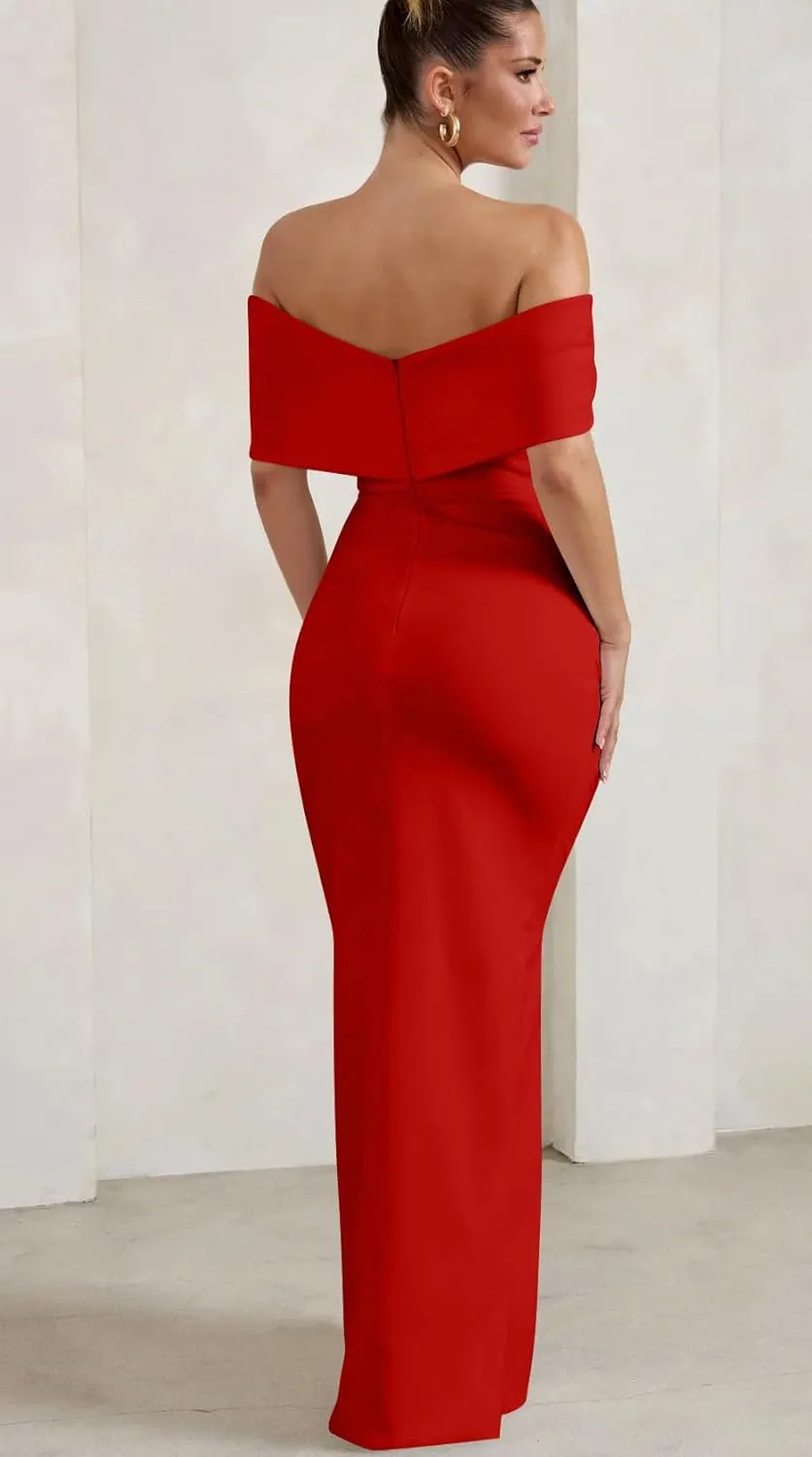 GOBLES Women's Elegant Strapless Ruffle Shoulder Short Sleeve Side Split Bodycon Ruched Formal Dress