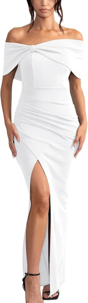 GOBLES Women's Elegant Strapless Ruffle Shoulder Short Sleeve Side Split Bodycon Ruched Formal Dress