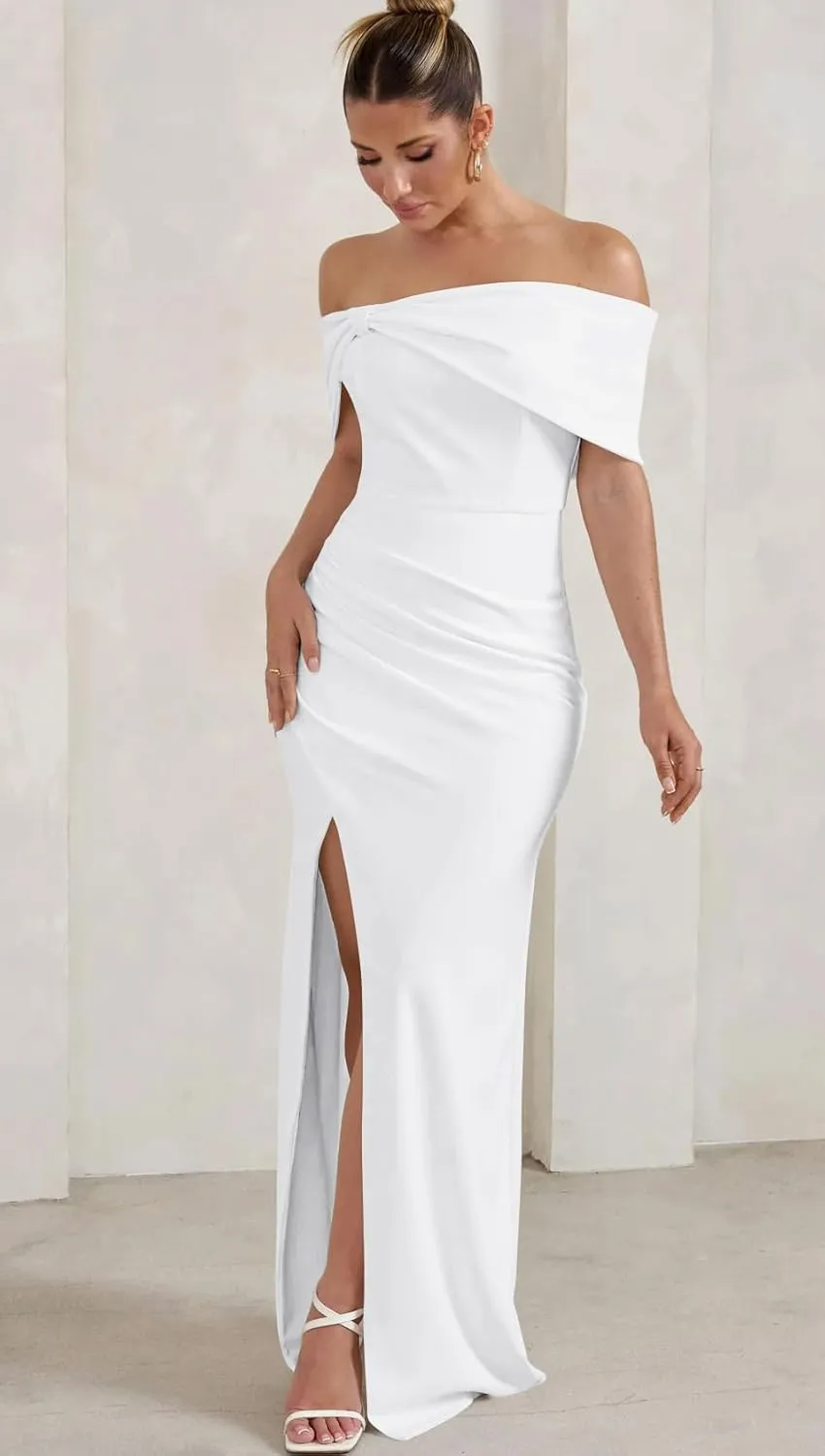 GOBLES Women's Elegant Strapless Ruffle Shoulder Short Sleeve Side Split Bodycon Ruched Formal Dress