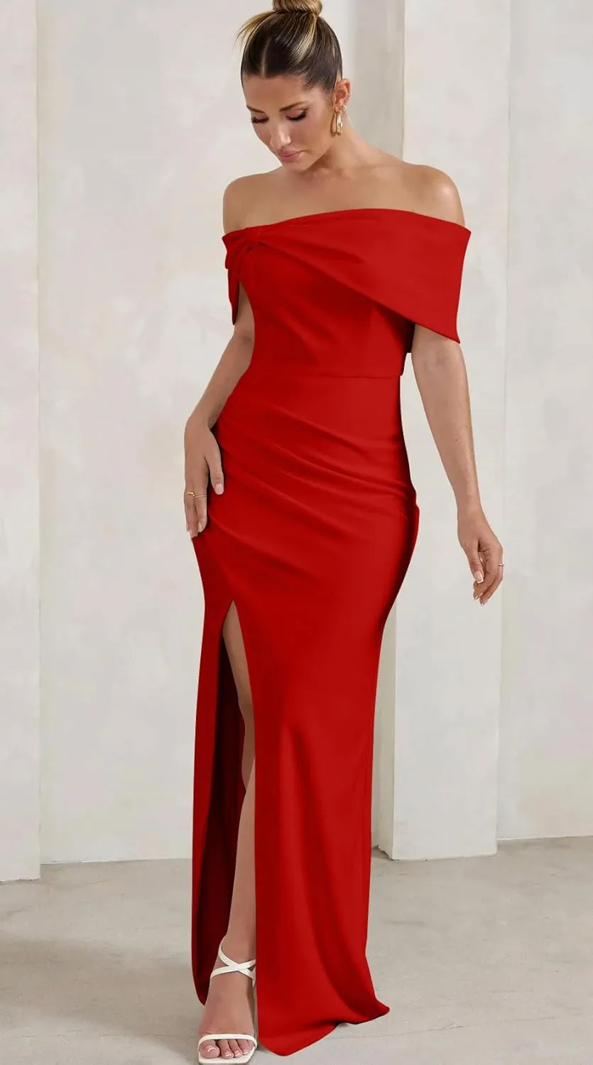 GOBLES Women's Elegant Strapless Ruffle Shoulder Short Sleeve Side Split Bodycon Ruched Formal Dress