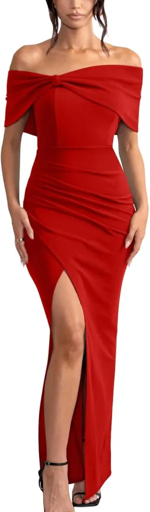 GOBLES Women's Elegant Strapless Ruffle Shoulder Short Sleeve Side Split Bodycon Ruched Formal Dress