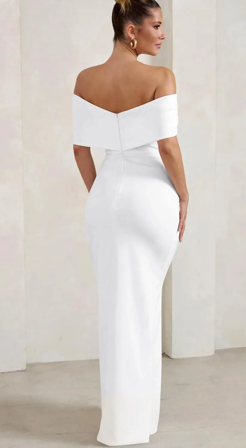 GOBLES Women's Elegant Strapless Ruffle Shoulder Short Sleeve Side Split Bodycon Ruched Formal Dress