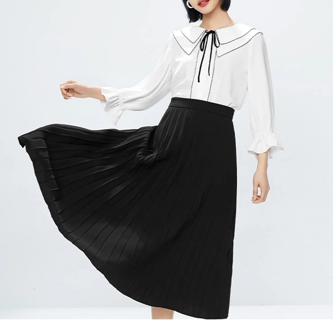 GOLDSTITCH Women's High Waist Pleated Skirt A line Swing Midi Skirt
