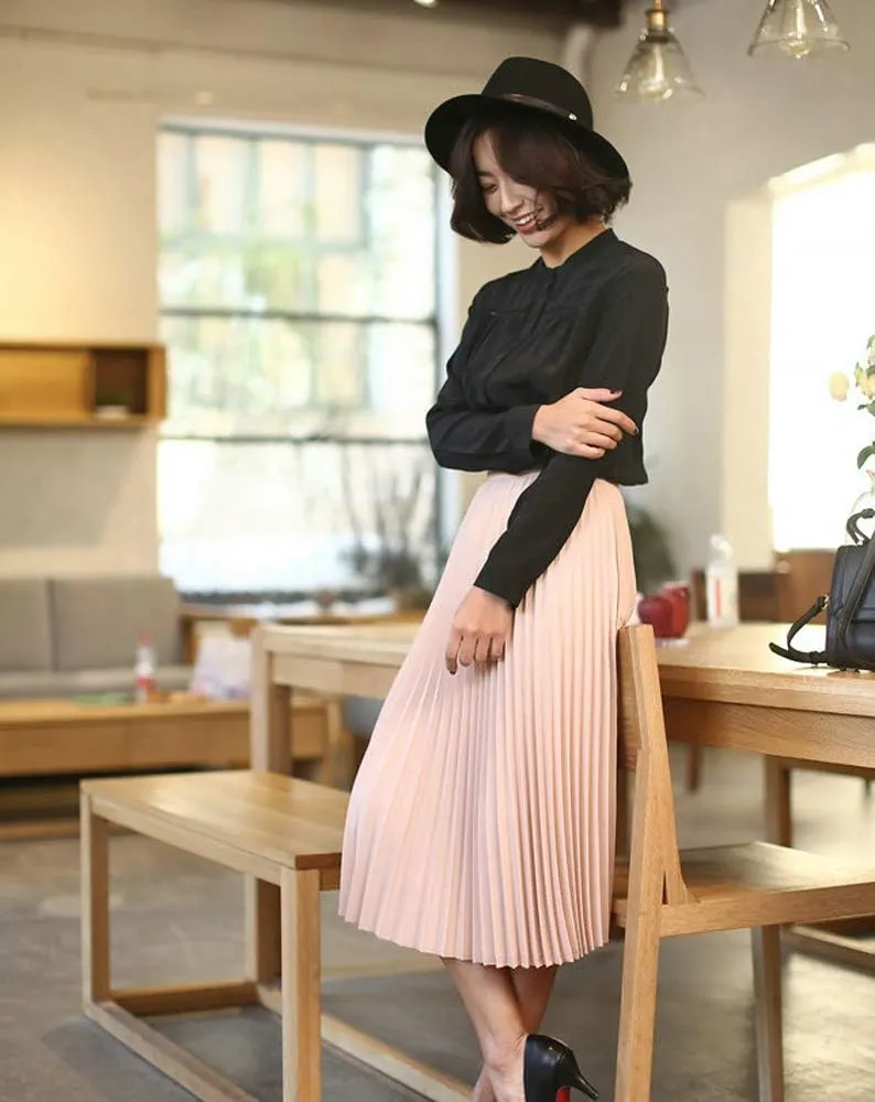 GOLDSTITCH Women's High Waist Pleated Skirt A line Swing Midi Skirt