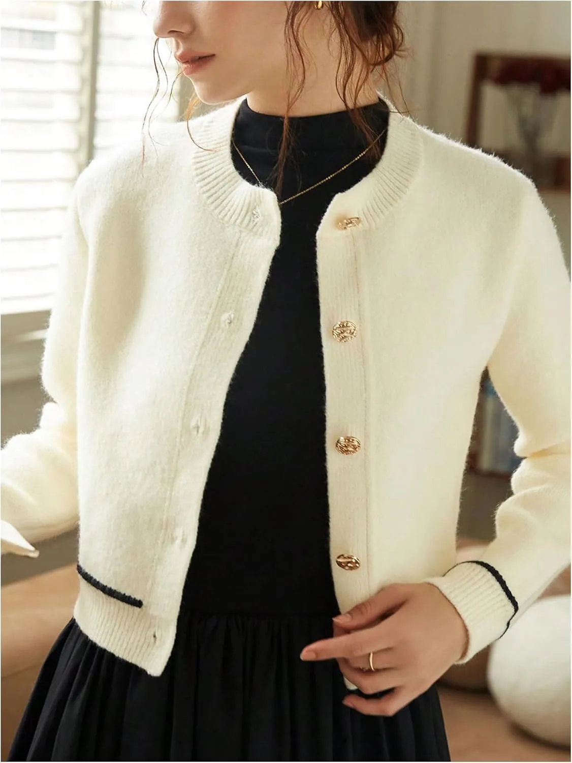 GORGLITTER Women's Elegant Button Up Cardigan Sweaters Casual Cropped Knitted Sweater Chunky Open Front Outerwear