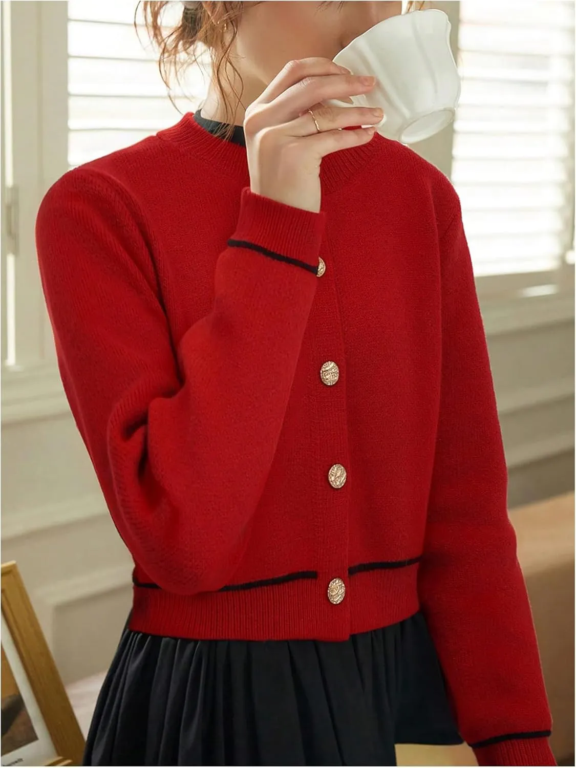 GORGLITTER Women's Elegant Button Up Cardigan Sweaters Casual Cropped Knitted Sweater Chunky Open Front Outerwear