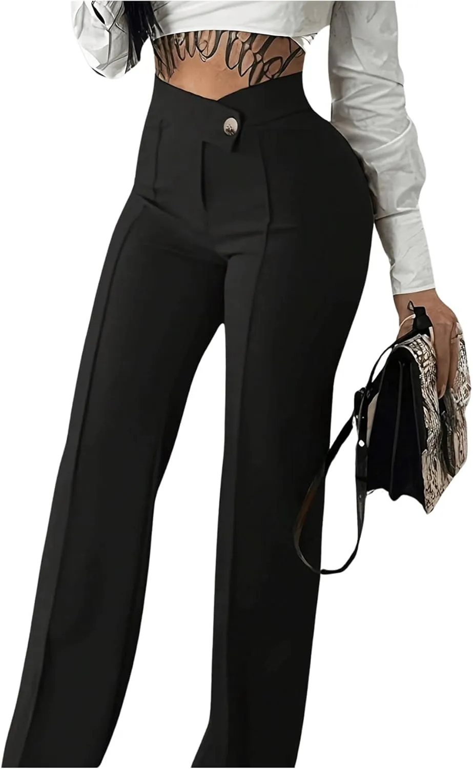 GORGLITTER Women's High V Waist Dress Pants Business Casual Button Front Straight Leg Work Pants Trousers
