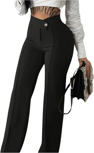 GORGLITTER Women's High V Waist Dress Pants Business Casual Button Front Straight Leg Work Pants Trousers
