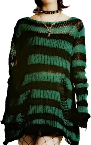 Goth Y2K Striped Sweater Ripped Punk Gothic Sweaters for Women Harajuku Aesthetic Halloween Pullover Tops