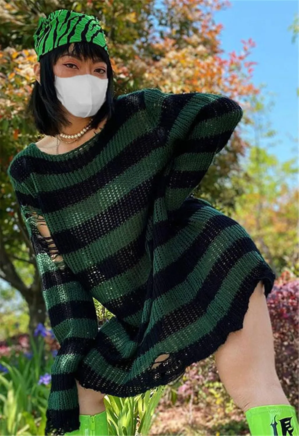 Goth Y2K Striped Sweater Ripped Punk Gothic Sweaters for Women Harajuku Aesthetic Halloween Pullover Tops