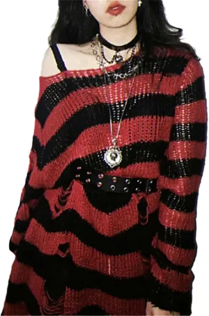 Goth Y2K Striped Sweater Ripped Punk Gothic Sweaters for Women Harajuku Aesthetic Halloween Pullover Tops