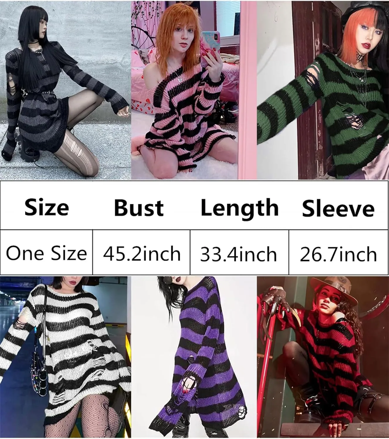Goth Y2K Striped Sweater Ripped Punk Gothic Sweaters for Women Harajuku Aesthetic Halloween Pullover Tops