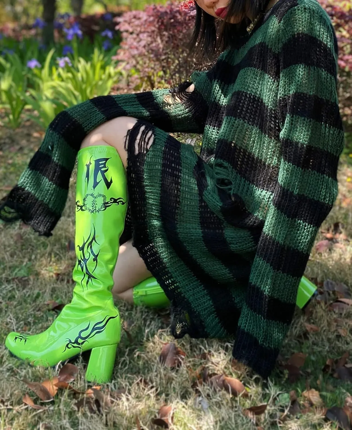 Goth Y2K Striped Sweater Ripped Punk Gothic Sweaters for Women Harajuku Aesthetic Halloween Pullover Tops