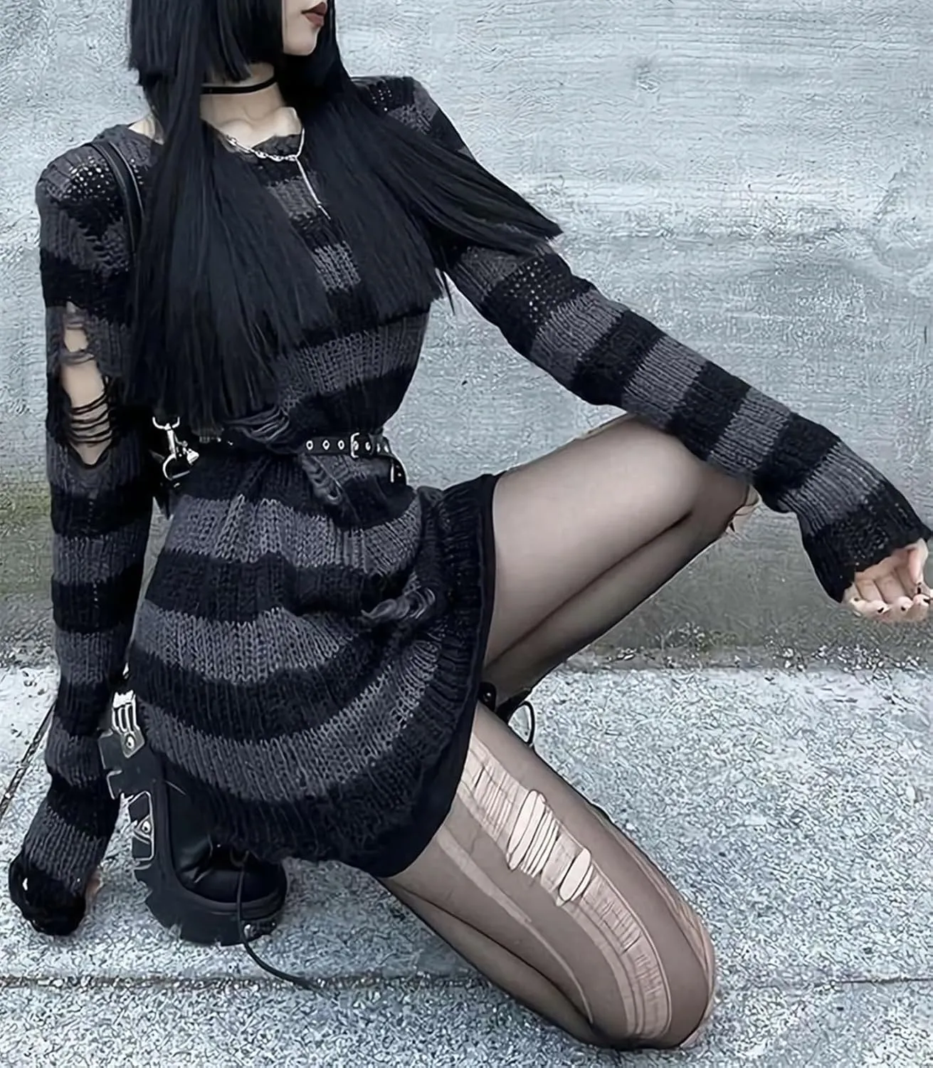 Goth Y2K Striped Sweater Ripped Punk Gothic Sweaters for Women Harajuku Aesthetic Halloween Pullover Tops