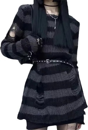 Goth Y2K Striped Sweater Ripped Punk Gothic Sweaters for Women Harajuku Aesthetic Halloween Pullover Tops