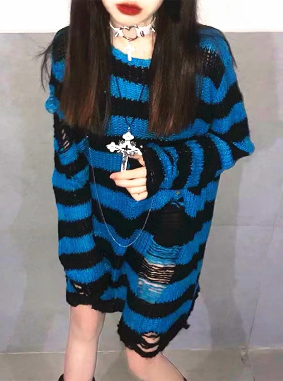 Goth Y2K Striped Sweater Ripped Punk Gothic Sweaters for Women Harajuku Aesthetic Halloween Pullover Tops